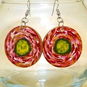 Abstract Flower handmade handpainted wood earrings lead nickel free